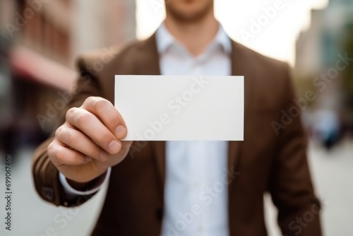 Hand of businessman showing white paper or visit card . AI Generated