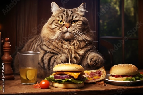 A fat tabby cat seating behind the table, eating burgers and drinking beverage. 