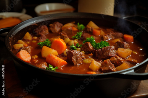 stew in a pot, close-up shot