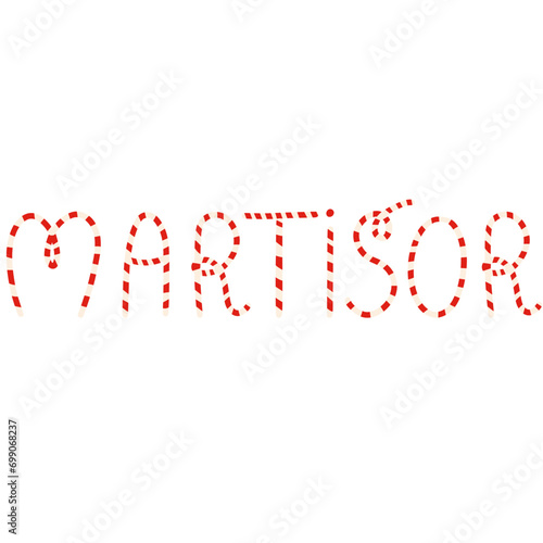 Martisor lettering with striped string red and white. Martenitsa symbol of spring.  photo