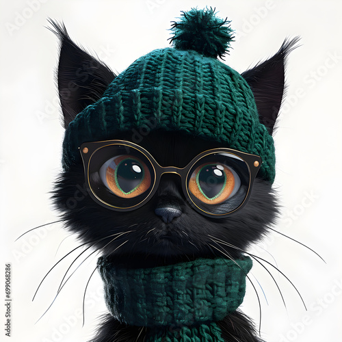 cat in green hat, cute black cat wear a hat and glasses.