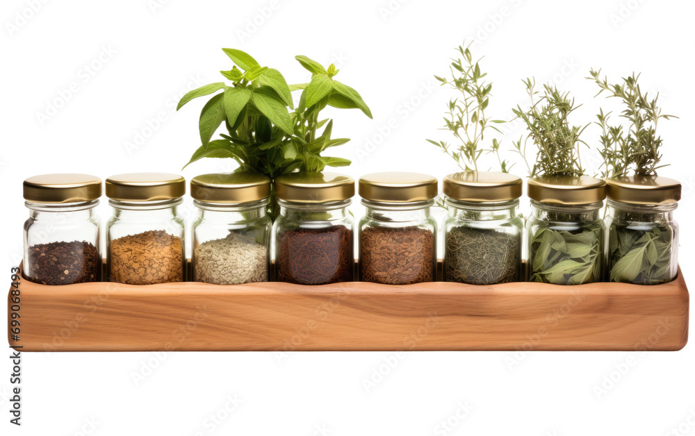 Captivating Design Wooden Spice Rack with Petite Herb Pots on a White or Clear Surface PNG Transparent Background. Captivating Design Wooden Spice Rack with Petite Herb Pots on a White or Clear Surface PNG Transparent Background.