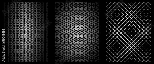pattern with black perforated metal background for fabric design. Honeycomb pattern. Grey silver pattern. Color gradient. Modern technology. Decoration backdrop.