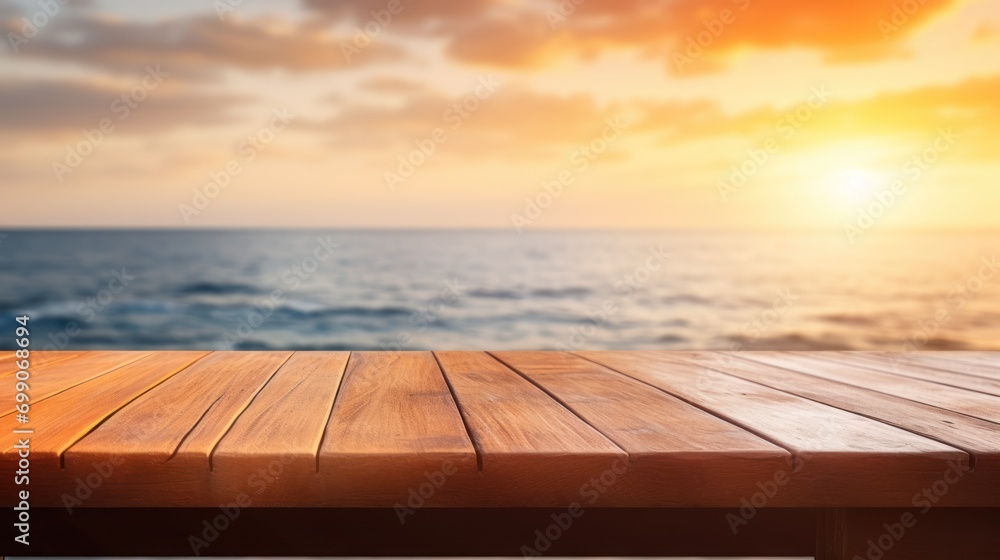 The empty wooden table top with blur background of sea on sunrise, Advertisement, Print media, Illustration, Banner, for website, copy space, for word, template, presentation The empty wooden table top with blur background of sea on sunrise, Advertisement, Print media, Illustration, Banner, for website, copy space, for word, template, presentation