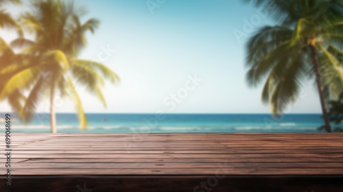 Dark wood floor top on blur tropical beach background  Advertisement  Print media  Illustration  Banner  for website  copy space  for word  template  presentation