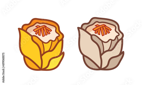Shumai Siu Mai Siomay with yellow and grey skin dimsum colored vector icon set outlined isolated on plain horizontal white background. Simple flat minimalist chinese food dimsum drawing cartoon style.