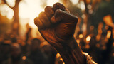 A black person's raised fist protests war, revolution, racism, and discrimination for freedom, justice, and peace, with a crowd in the streets,