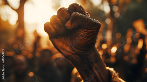 A black person's raised fist protests war, revolution, racism, and discrimination for freedom, justice, and peace, with a crowd in the streets, photo