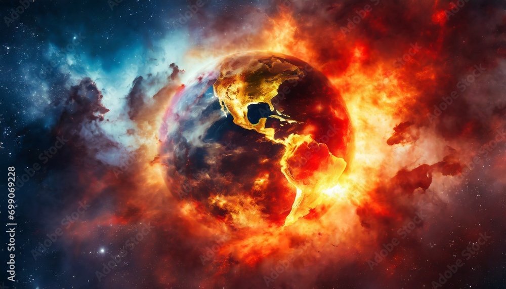 planeta Terra pegando fogo no espaço, aquecimento global, cataclisma, armagedon, fim dos tempos, bíblico - obrazy, fototapety, plakaty 
