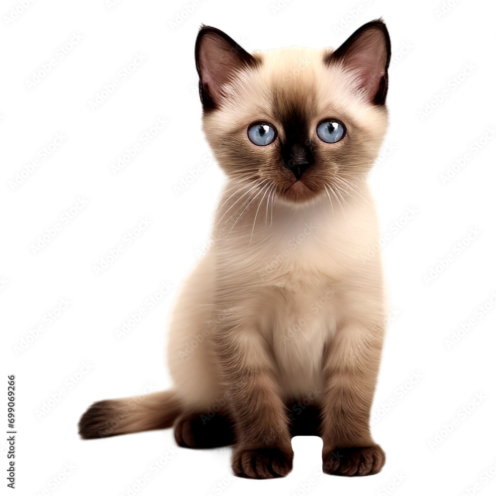 Portrait of siamese cat sitting, isolated on transparent of white background