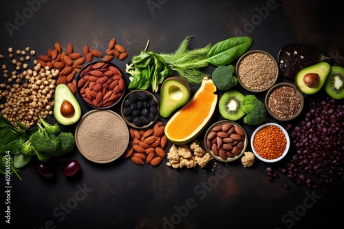 Variety of Fresh Healthy Superfoods on Dark Background