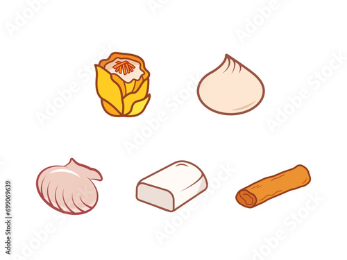 Dimsum chinese food dumplings colored vector set illustration icon outlined isolated on plain horizontal white background. Simple flat minimalist chinese food dimsum drawing with cartoon art style.