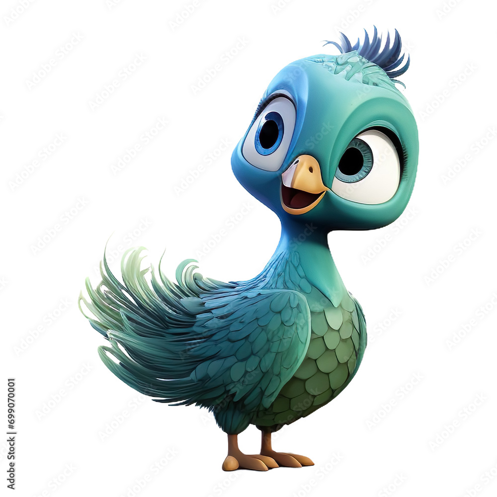 Portrait of 3d peacock cartoon, isolated on transparent or white background Portrait of 3d peacock cartoon, isolated on transparent or white background