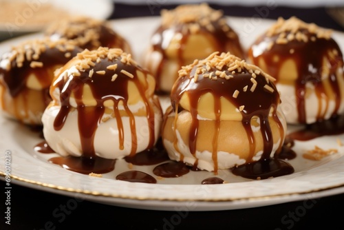 An intriguing image capturing the elegance of homemade profiteroles filled with delectable cookie dough cream and drizzled with a luscious salted caramel sauce  transporting you to dessert