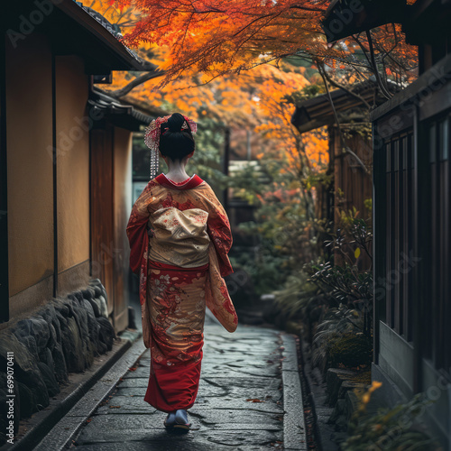 a japanese geisha walking through kyoto