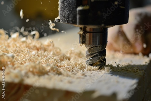 An in-action shot of a drill press creating shavings as it carves into a wooden plank, capturing the essence of woodworking