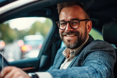 A smiling, bespectacled man contentedly driving his car through the urban landscape, exuding confidence and ease photo