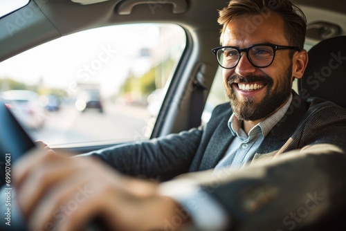 A smiling, bespectacled man contentedly driving his car through the urban landscape, exuding confidence and ease photo