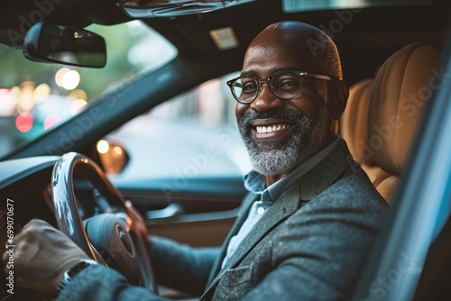 A smiling, bespectacled man contentedly driving his car through the urban landscape, exuding confidence and ease © ChaoticMind