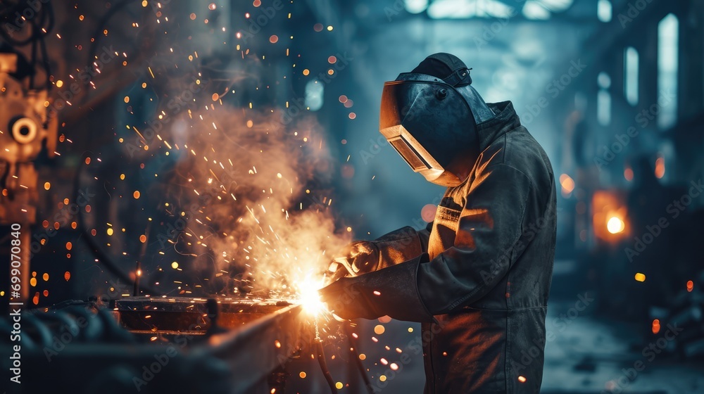 A worker welder in a protective suit works in production A worker welder in a protective suit works in production