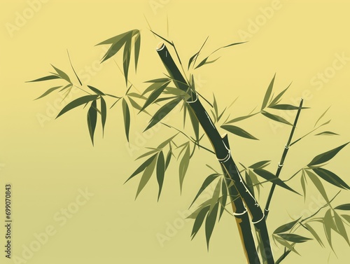 Bamboo with green leaves on a yellow background. illustration. Generative AI