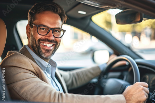 A smiling, bespectacled man contentedly driving his car through the urban landscape, exuding confidence and ease