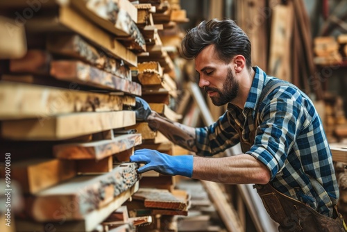 A focused man in casual attire carefully selecting wooden boards in a lumber section of a hardware store