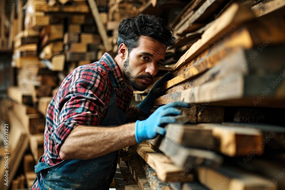 A focused man in casual attire carefully selecting wooden boards in a lumber section of a hardware store A focused man in casual attire carefully selecting wooden boards in a lumber section of a hardware store