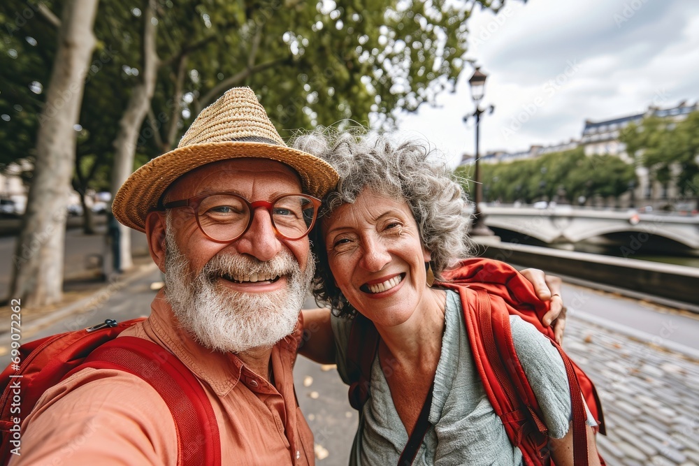 Joyful senior couple with a straw hat and backpacks taking a smiling selfie on a sunny day outdoors