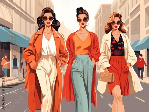 Fashionable girls in sunglasses walking in the city. illustration Generative AI