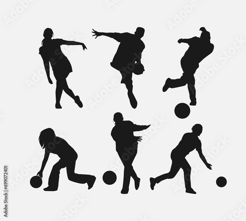 bowler silhouette collection set. player, bowling sport, hobby concept. different actions, poses. monochrome vector illustration.