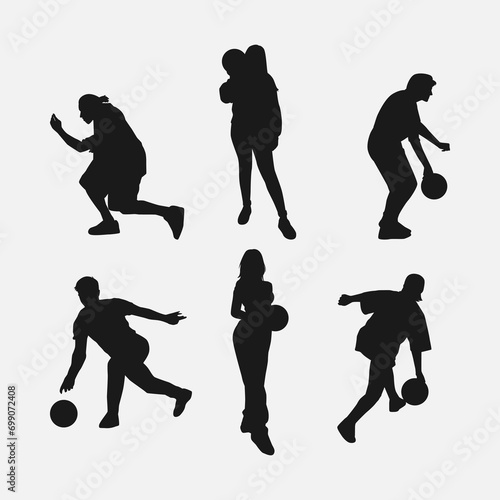 bowler silhouette collection set. player, bowling sport, hobby concept. different actions, poses. monochrome vector illustration.