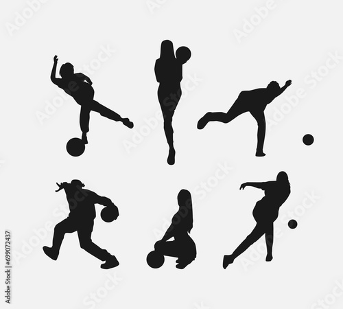 bowler silhouette collection set. player, bowling sport, hobby concept. different actions, poses. monochrome vector illustration.