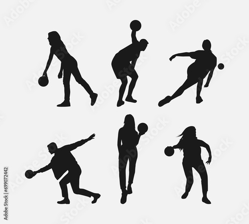 bowler silhouette collection set. player, bowling sport, hobby concept. different actions, poses. monochrome vector illustration.