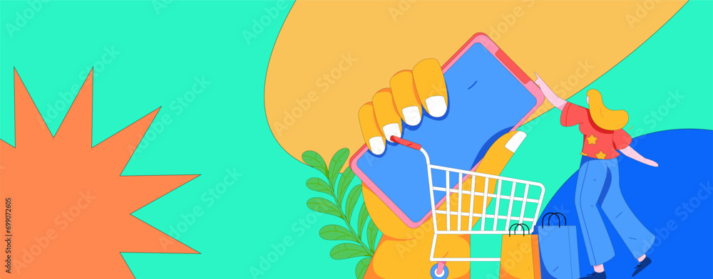 Naklejka premium Holiday shopping people doing e-commerce online shopping flat vector concept operation hand drawn illustration 