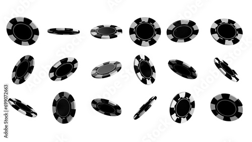 Floating black color casino chips on isolated transparent background. PNG. 3D illustration. 3D Render. © MilletStudio