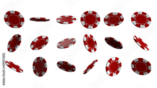 Floating red color casino chips on isolated transparent background. PNG. 3D illustration. 3D Render.