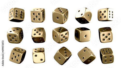 Collection of golden dice isolated in transparent background. PNG. 3D Illustration. 3D Render. photo