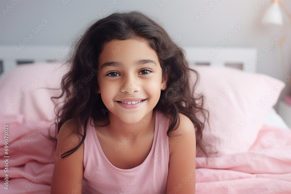 indian little girl relaxing on bed at home