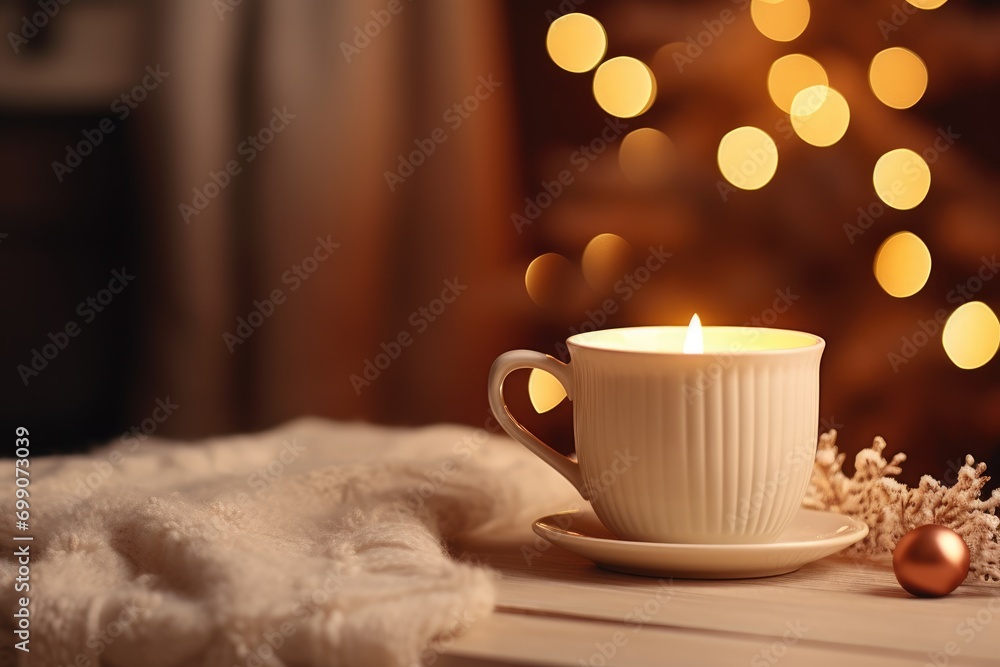 Atmospheric winter photo. A warm cup of coffee against the background of a Christmas tree with lights.