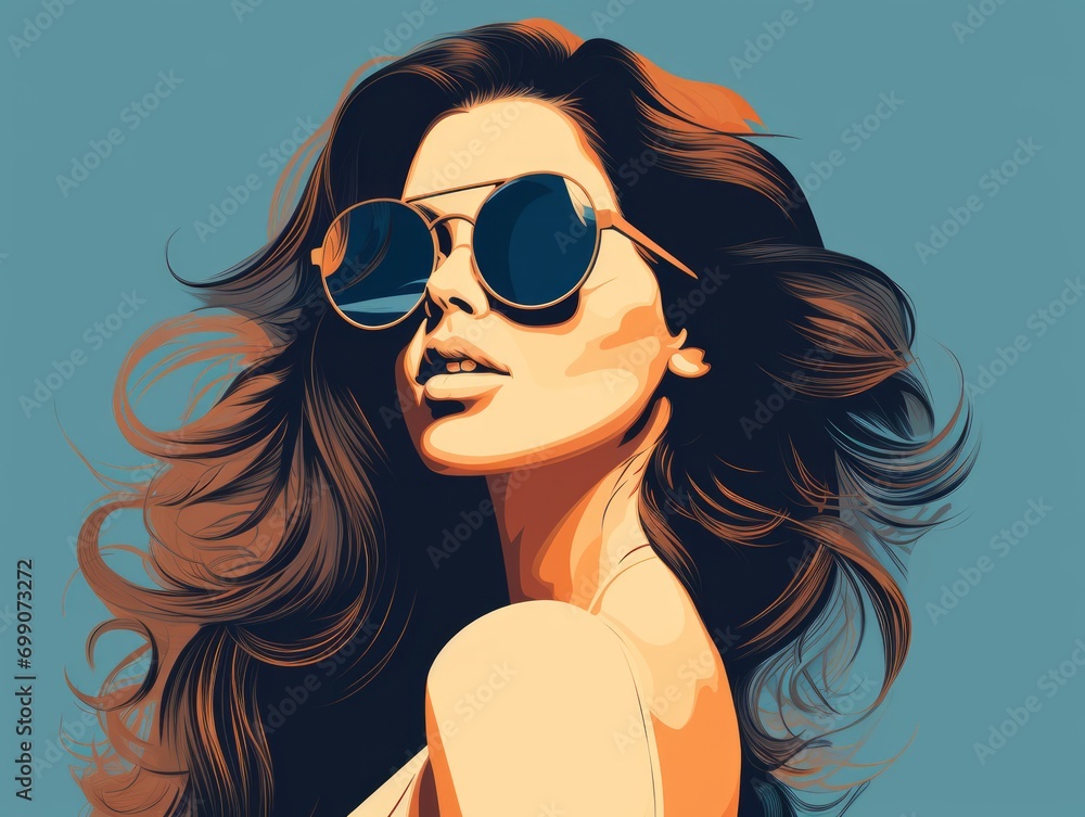 Portrait of beautiful young woman with long hair in sunglasses. illustration. Generative AI