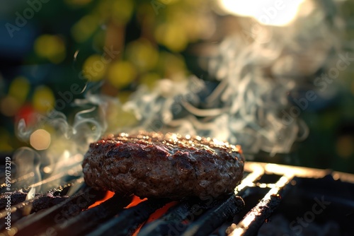 A close-up of a juicy burger patty grilling on a charcoal BBQ, with smoke rising in a warm outdoor setting