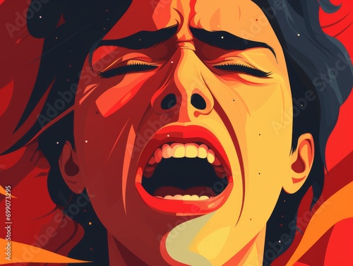 Angry woman screaming. illustration in cartoon style. Emotions. Generative AI photo