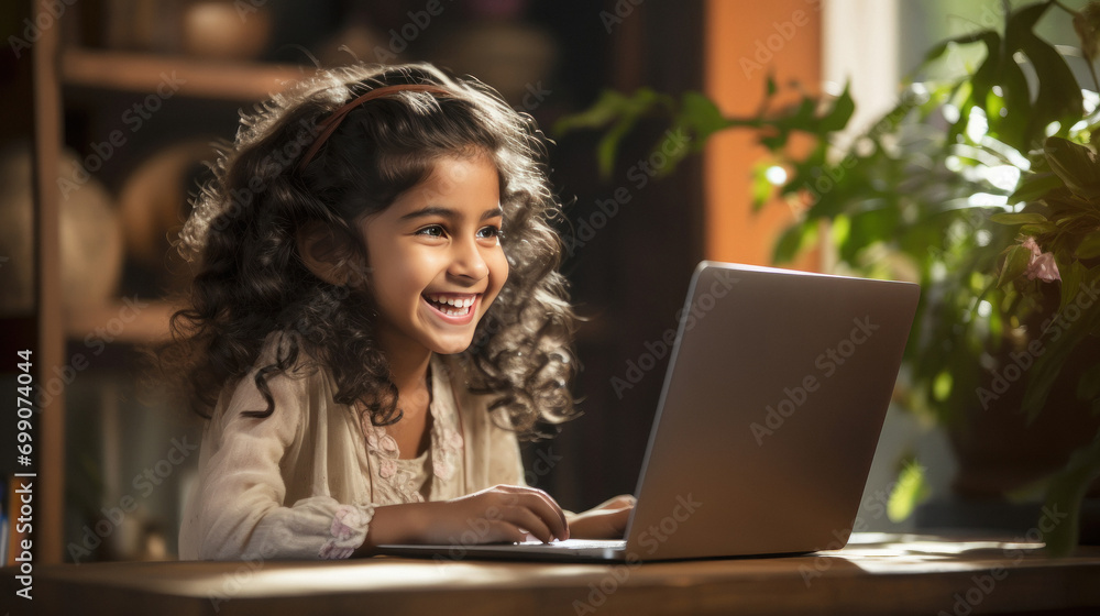 beautiful indian little girl using laptop at home - obrazy, fototapety, plakaty 