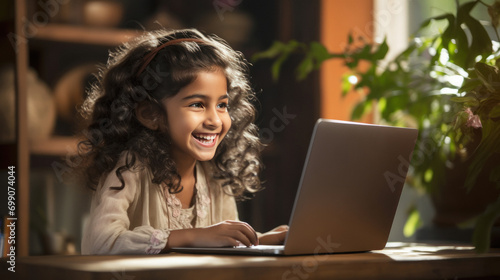 beautiful indian little girl using laptop at home