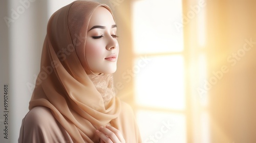 a beautiful Muslim woman wearing a hijab, seen from the side praying to God, with a blurry background and sunlight in front of her, Ramadan greeting card, copy space - generative ai