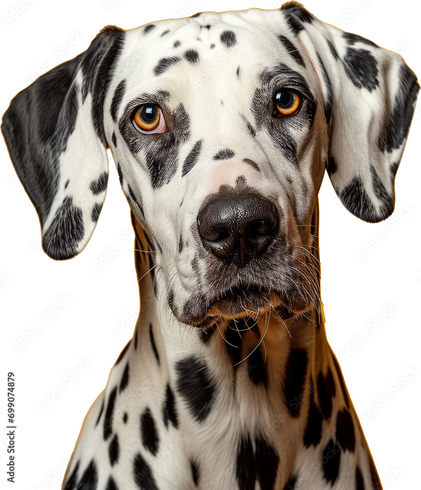 studio headshot portrait of Dalmatian dog looking forward against a yellow