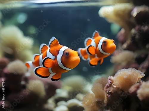 Pair of clownfish swimming in aquarium fish tank. Generative AI