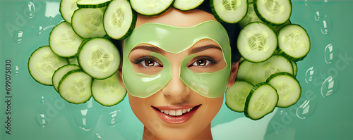 Detail of beautiful woman with cucumber facial mask on her face at cosmetics salon.