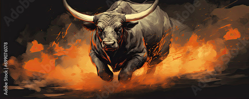 Angry bull run in fire background. Business bull markets photo